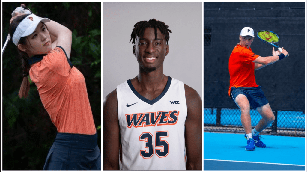 KaYee Kwok, junior Women's Golf player (left); Aladji Gassama, redshirt sophomore Men's Basketball player (middle); and Edward Winter, freshman Men's Tennis player (right), are three international athletes competing for the Pepperdine Waves. Each player came to Malibu to pursue a Division I athletic career. Photos courtesy of KaYee Kwok, Aladji Gassama and Pepperdine Athletics